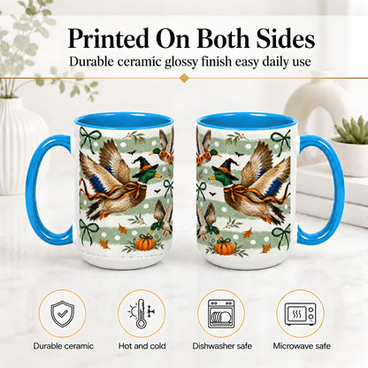 #pl[15oz|Blue] Halloween Mallard Duck Ceramic Mug, Witch Hat Pumpkin Artwork