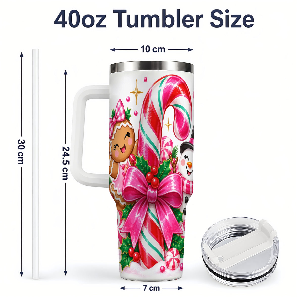 #pl[40oz|White] Pink Candy Cane Christmas 40oz Tumbler, Snowman Gingerbread Design