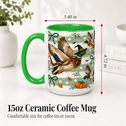 #pl[15oz|Green] Halloween Mallard Duck Ceramic Mug, Witch Hat Pumpkin Artwork