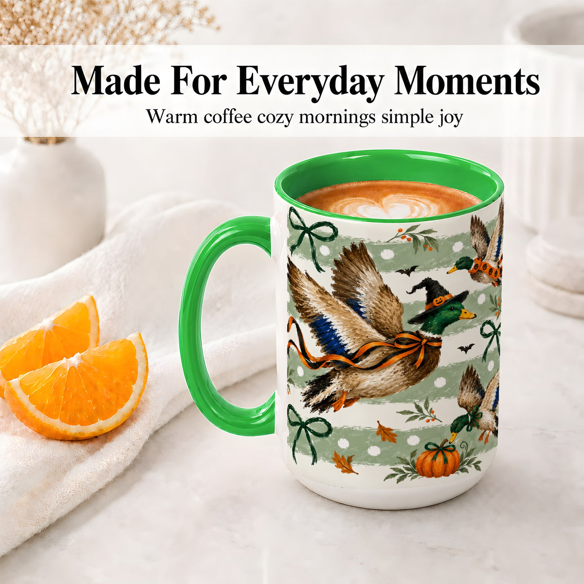 #pl[15oz|Green] Halloween Mallard Duck Ceramic Mug, Witch Hat Pumpkin Artwork