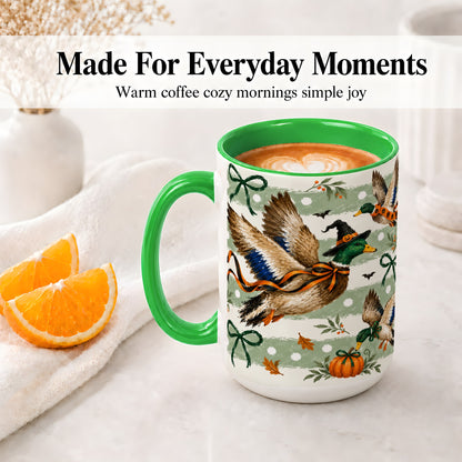 #pl[15oz|Green] Halloween Mallard Duck Ceramic Mug, Witch Hat Pumpkin Artwork