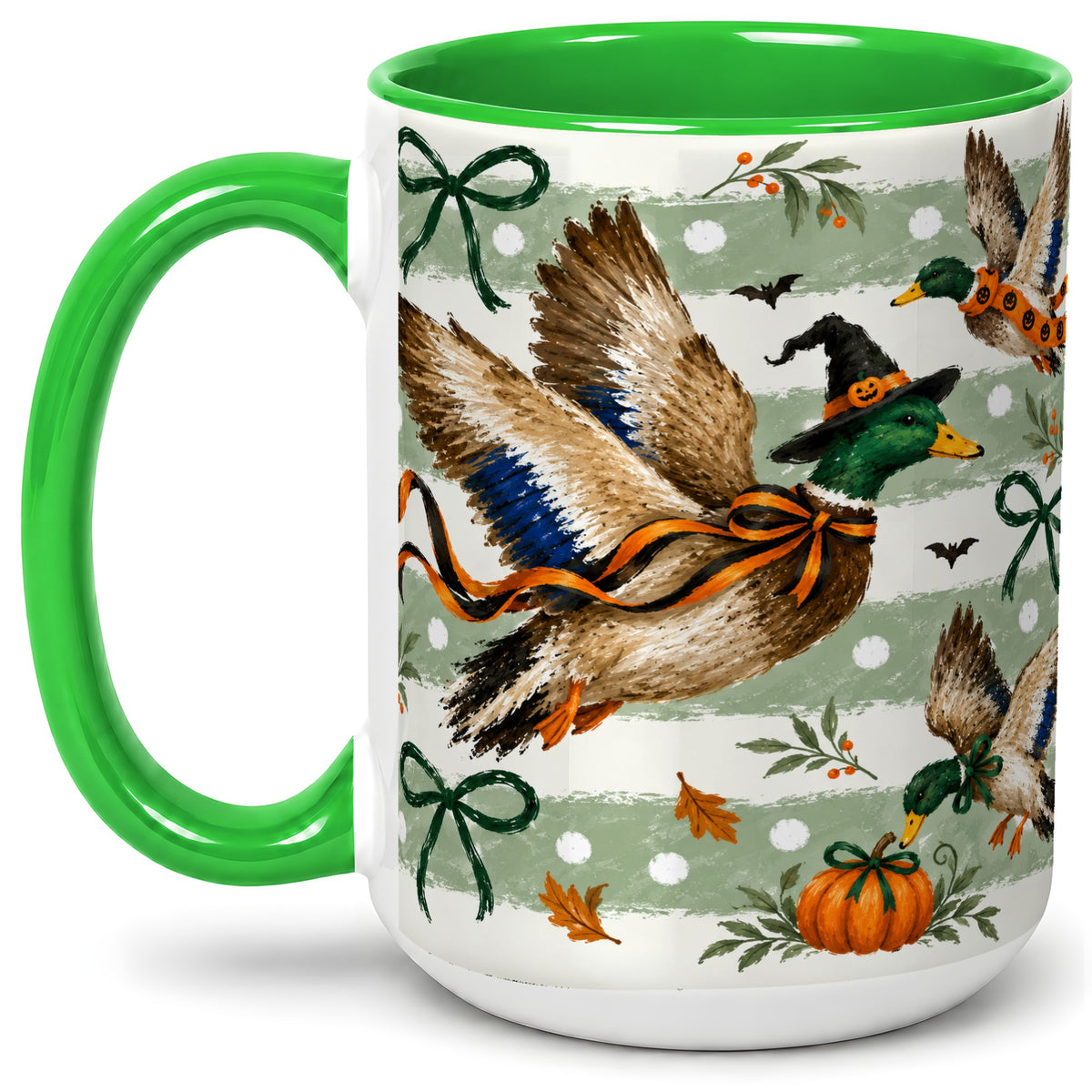 #pl[15oz|Green] Halloween Mallard Duck Ceramic Mug, Witch Hat Pumpkin Artwork