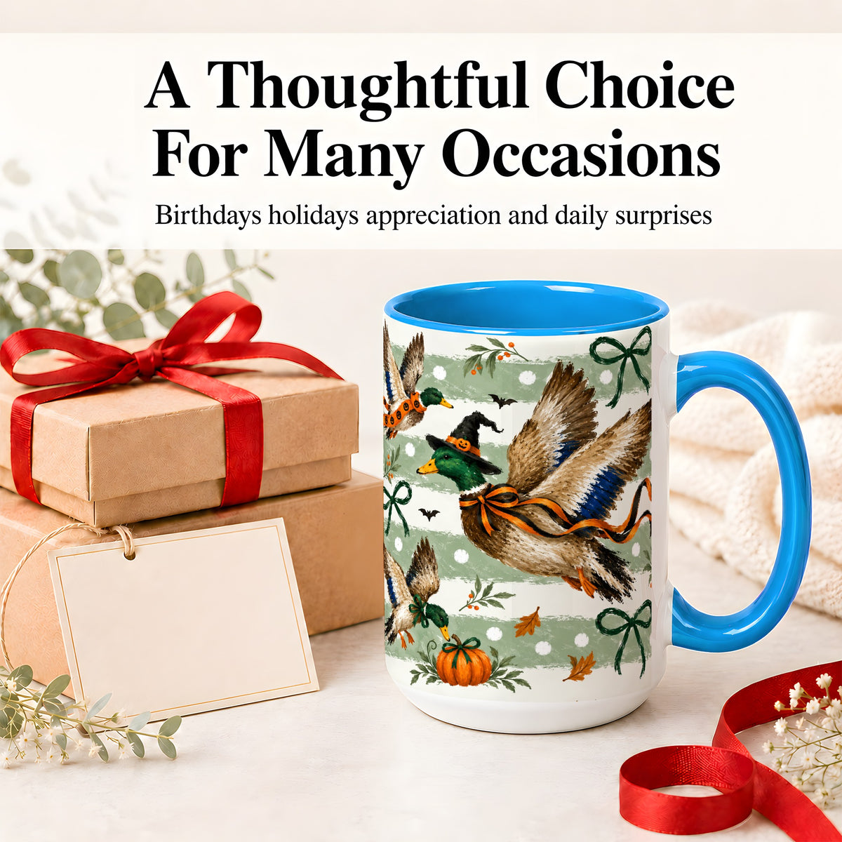 #pl[15oz|Blue] Halloween Mallard Duck Ceramic Mug, Witch Hat Pumpkin Artwork