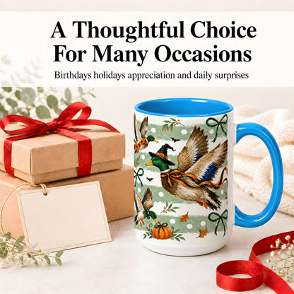 #pl[15oz|Blue] Halloween Mallard Duck Ceramic Mug, Witch Hat Pumpkin Artwork