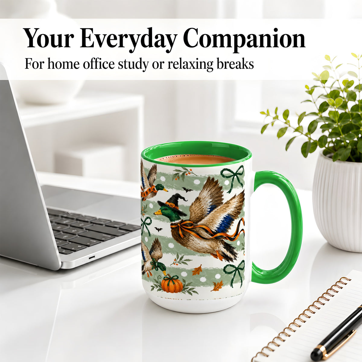 #pl[15oz|Green] Halloween Mallard Duck Ceramic Mug, Witch Hat Pumpkin Artwork