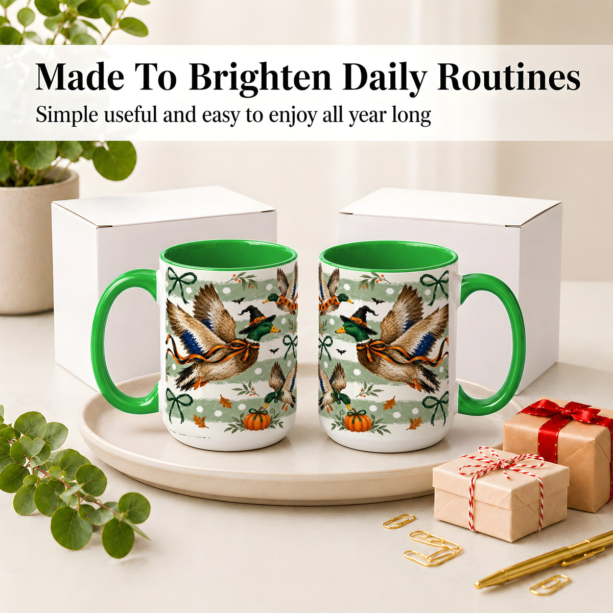 #pl[15oz|Green] Halloween Mallard Duck Ceramic Mug, Witch Hat Pumpkin Artwork