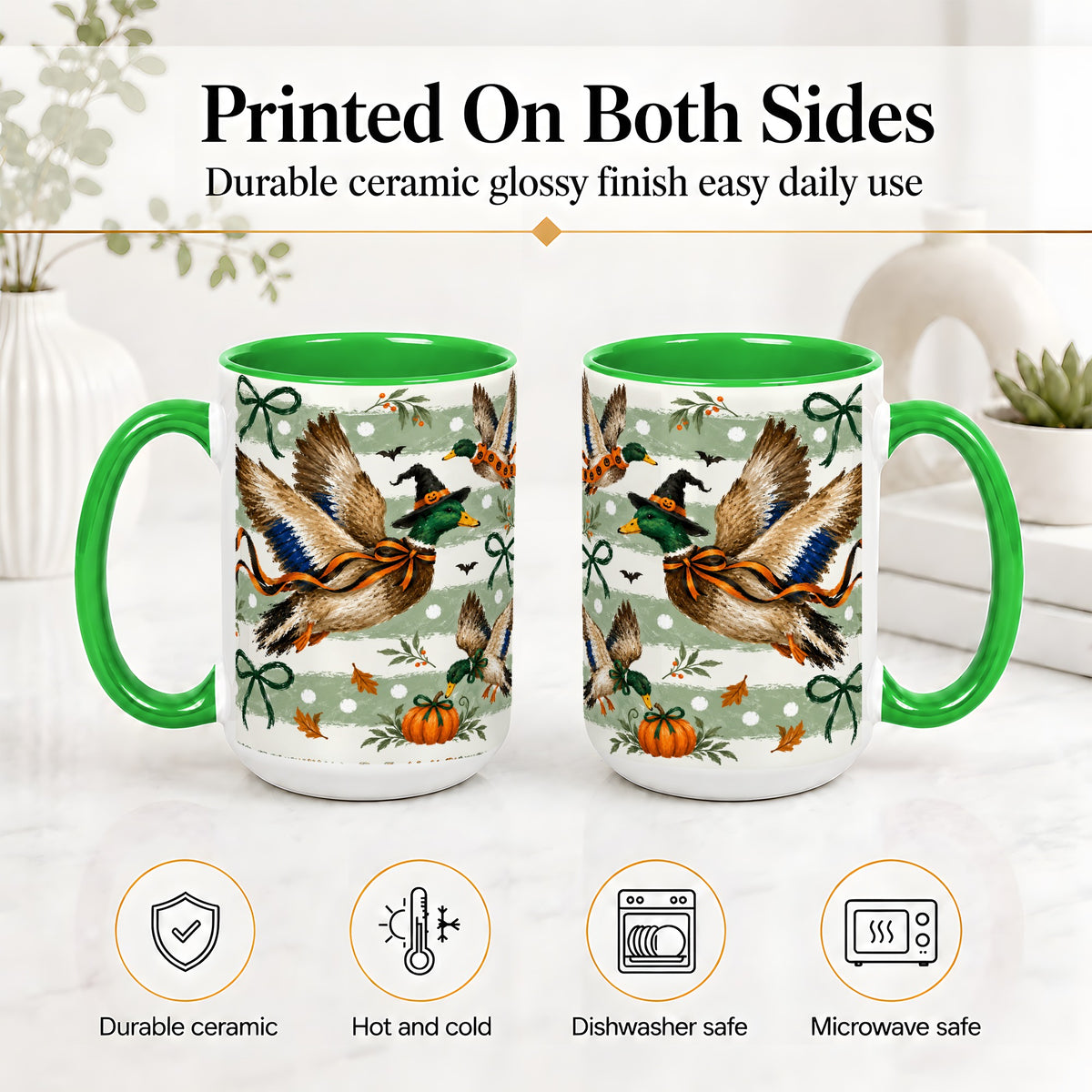#pl[15oz|Green] Halloween Mallard Duck Ceramic Mug, Witch Hat Pumpkin Artwork