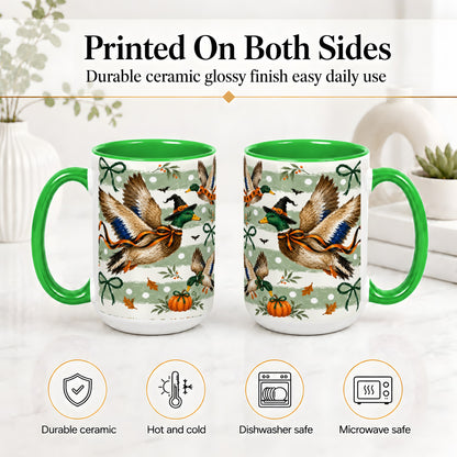 #pl[15oz|Green] Halloween Mallard Duck Ceramic Mug, Witch Hat Pumpkin Artwork