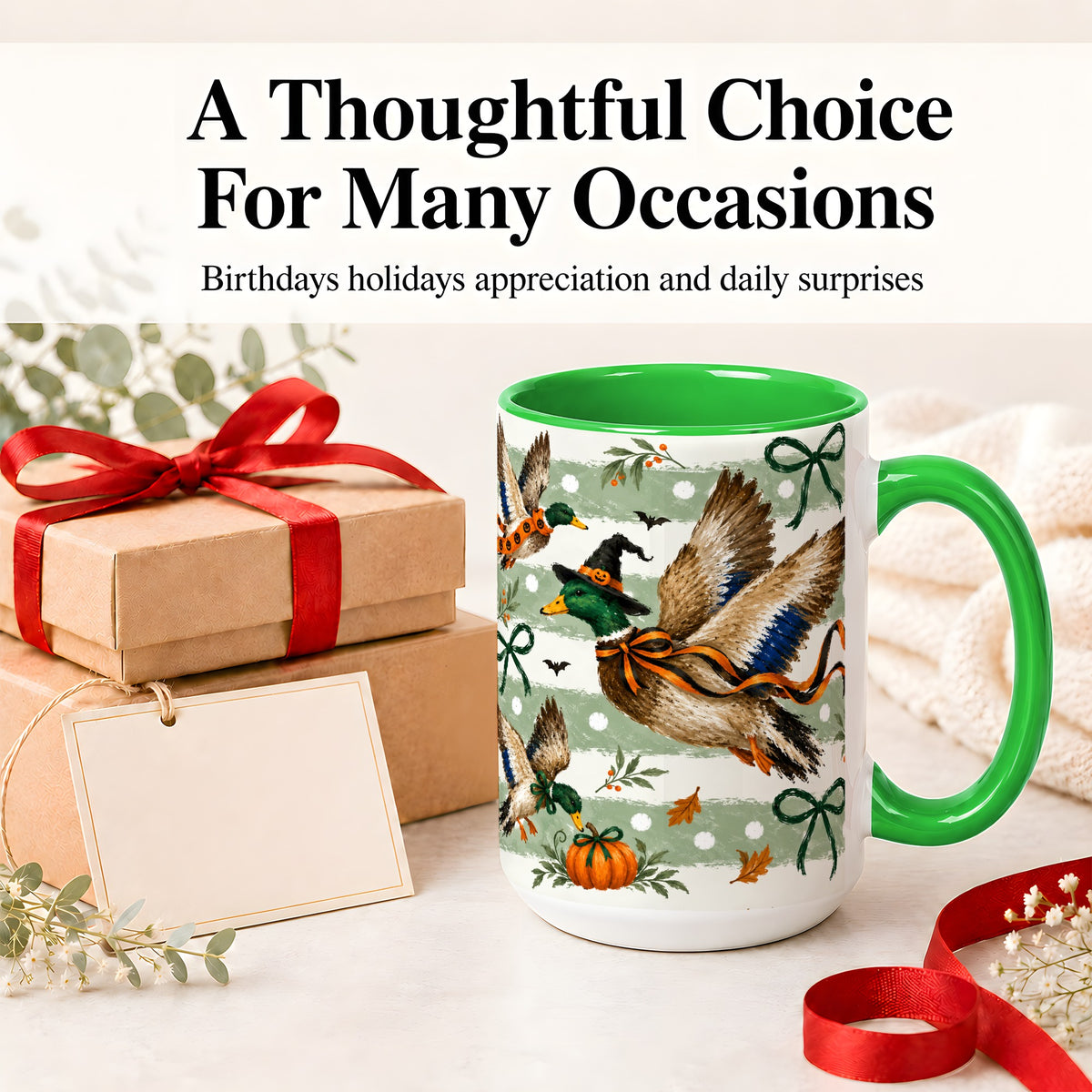 #pl[15oz|Green] Halloween Mallard Duck Ceramic Mug, Witch Hat Pumpkin Artwork