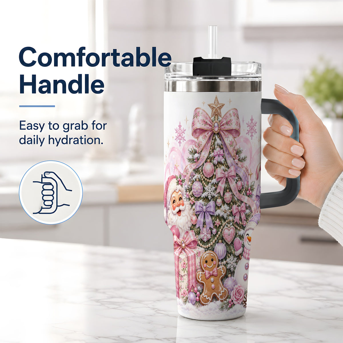 #pl[40oz|Black] Pink Christmas Tree 40oz Tumbler, Santa Snowman Gingerbread Design