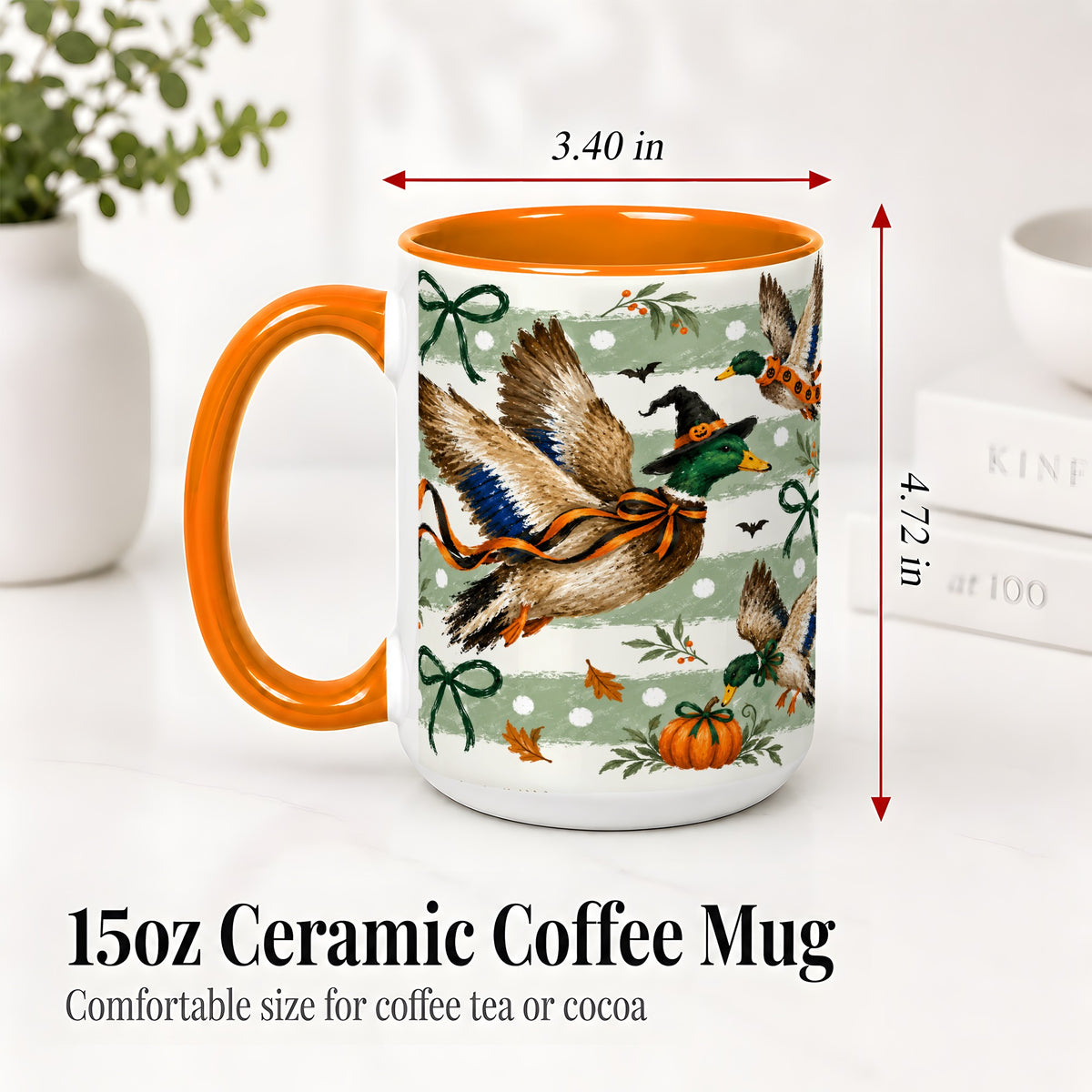 #pl[15oz|Orange] Halloween Mallard Duck Ceramic Mug, Witch Hat Pumpkin Artwork