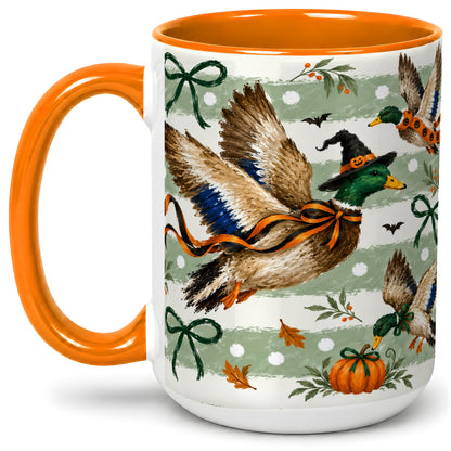 #pl[15oz|Orange] Halloween Mallard Duck Ceramic Mug, Witch Hat Pumpkin Artwork