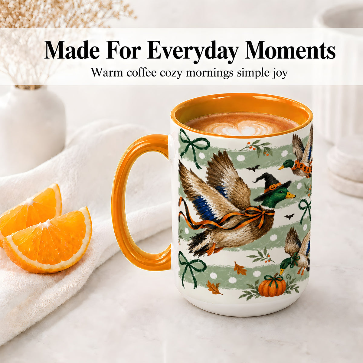 #pl[15oz|Orange] Halloween Mallard Duck Ceramic Mug, Witch Hat Pumpkin Artwork