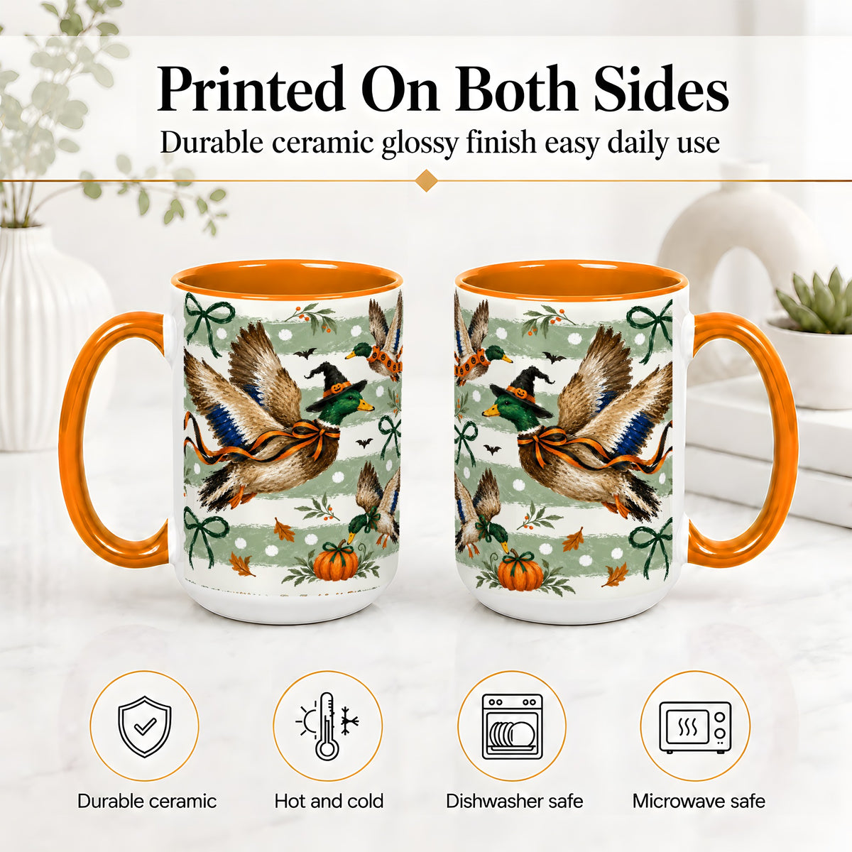 #pl[15oz|Orange] Halloween Mallard Duck Ceramic Mug, Witch Hat Pumpkin Artwork