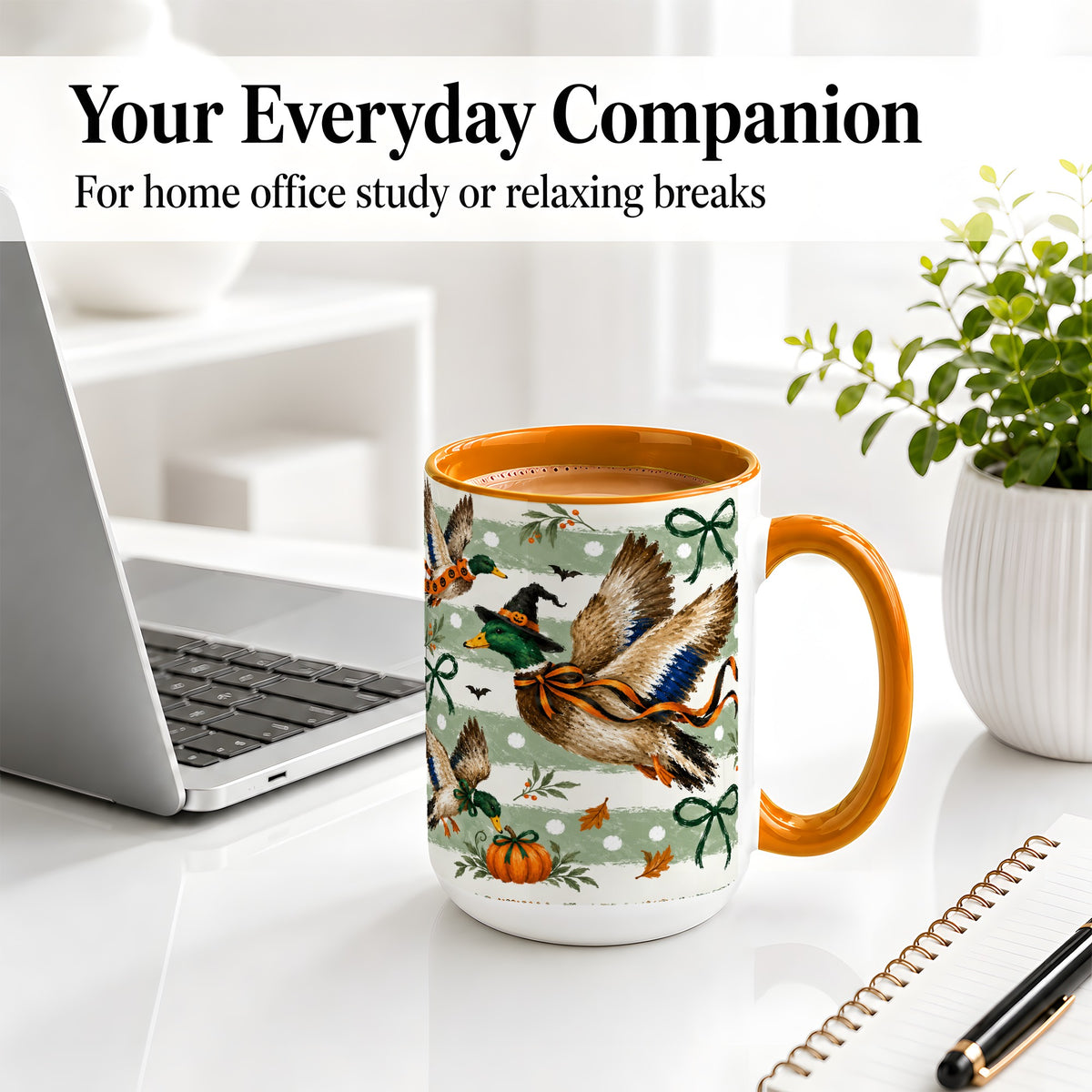#pl[15oz|Orange] Halloween Mallard Duck Ceramic Mug, Witch Hat Pumpkin Artwork