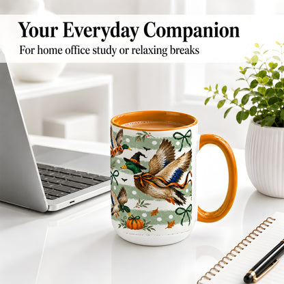 #pl[15oz|Orange] Halloween Mallard Duck Ceramic Mug, Witch Hat Pumpkin Artwork