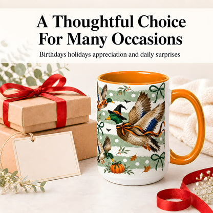 #pl[15oz|Orange] Halloween Mallard Duck Ceramic Mug, Witch Hat Pumpkin Artwork