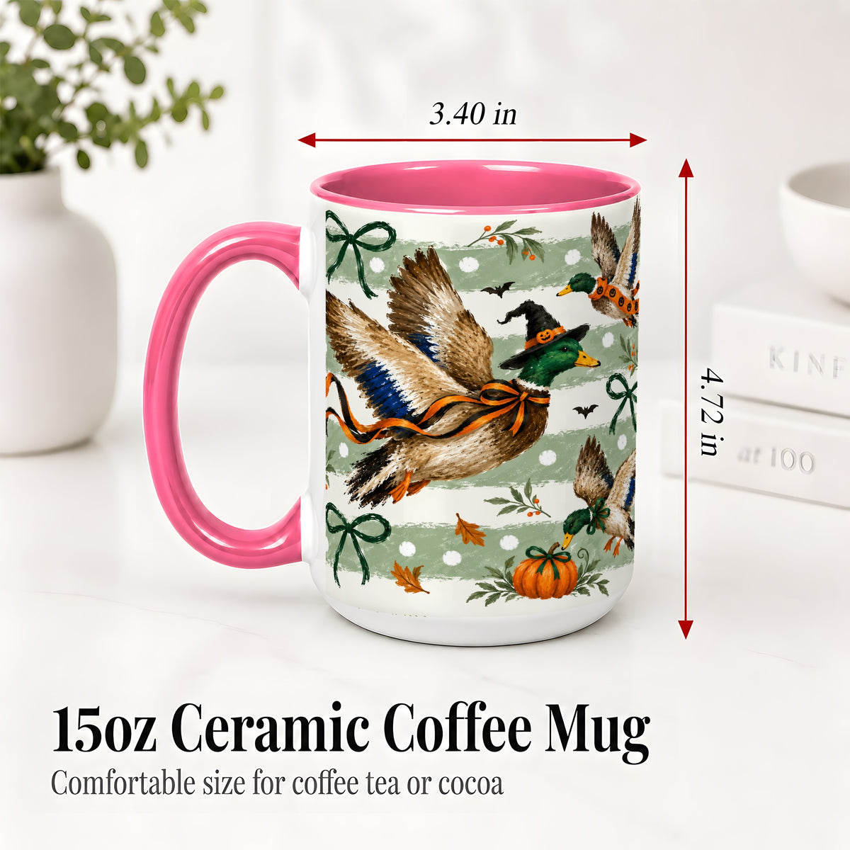 #pl[15oz|Pink] Halloween Mallard Duck Ceramic Mug, Witch Hat Pumpkin Artwork