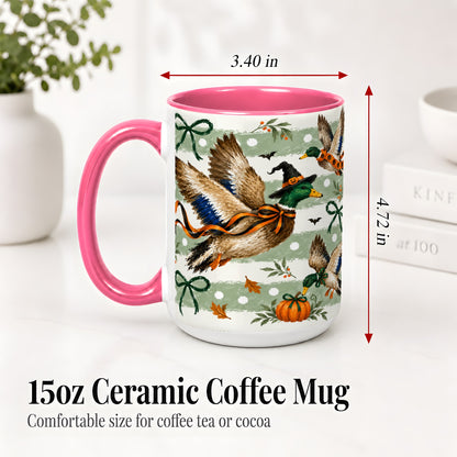 #pl[15oz|Pink] Halloween Mallard Duck Ceramic Mug, Witch Hat Pumpkin Artwork