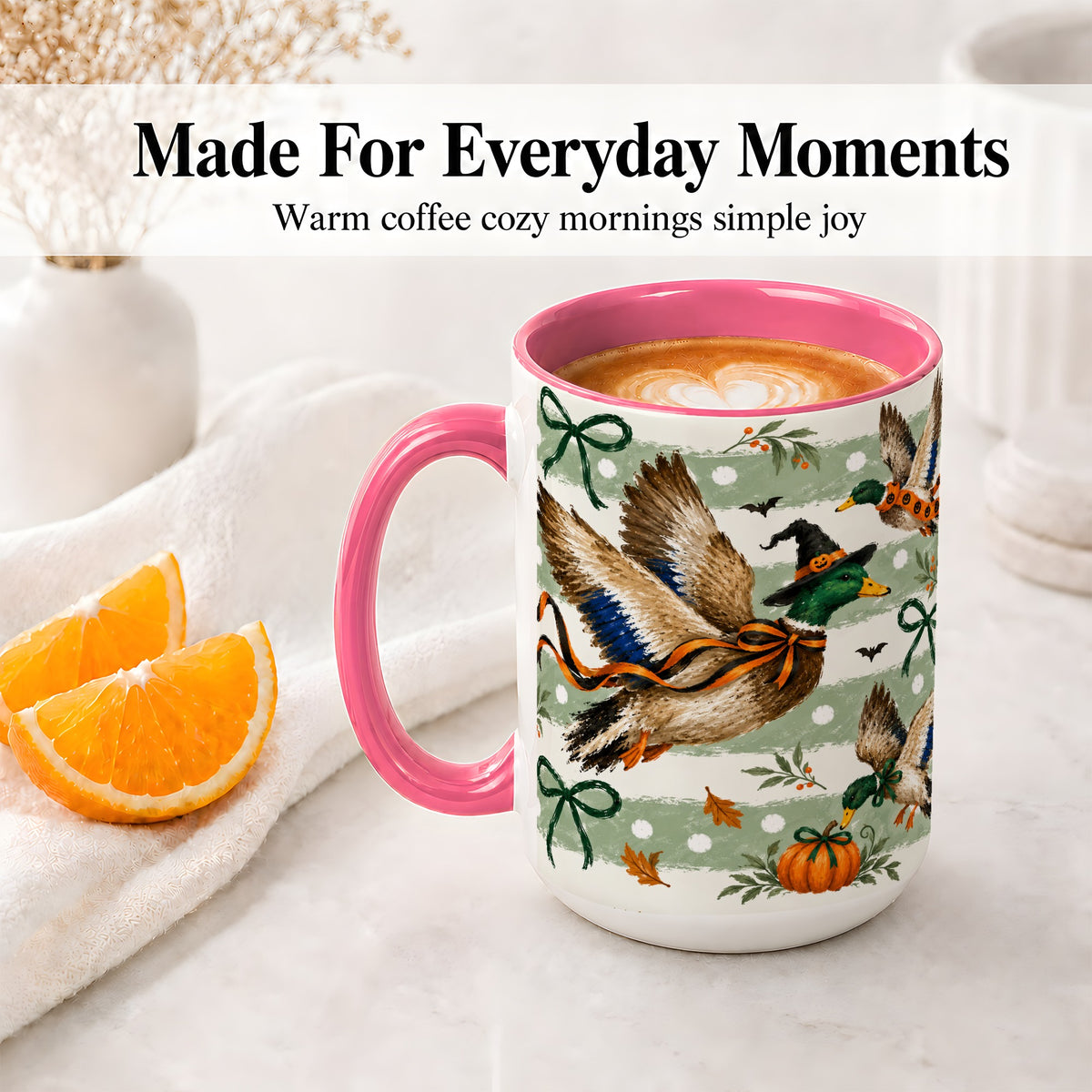 #pl[15oz|Pink] Halloween Mallard Duck Ceramic Mug, Witch Hat Pumpkin Artwork