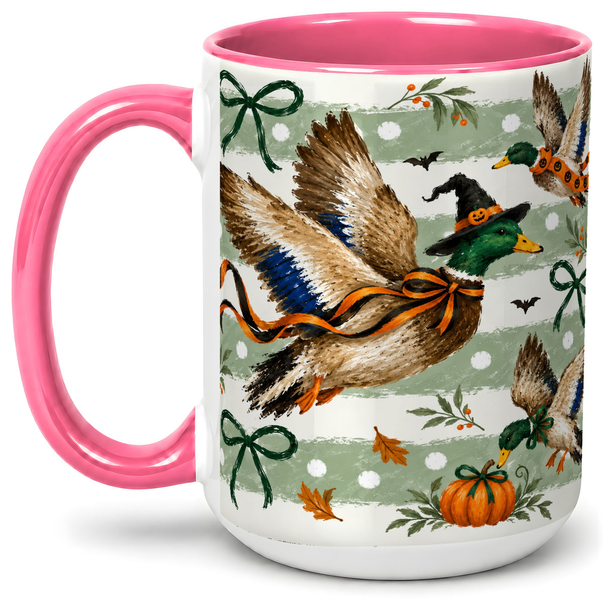 #pl[15oz|Pink] Halloween Mallard Duck Ceramic Mug, Witch Hat Pumpkin Artwork