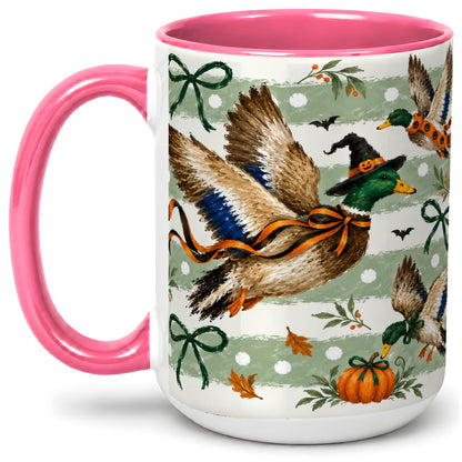 #pl[15oz|Pink] Halloween Mallard Duck Ceramic Mug, Witch Hat Pumpkin Artwork