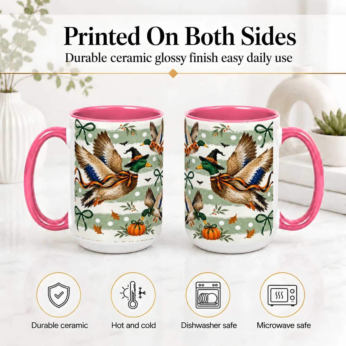 #pl[15oz|Pink] Halloween Mallard Duck Ceramic Mug, Witch Hat Pumpkin Artwork