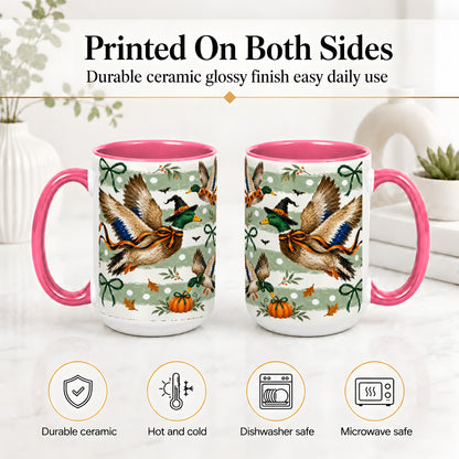 #pl[15oz|Pink] Halloween Mallard Duck Ceramic Mug, Witch Hat Pumpkin Artwork