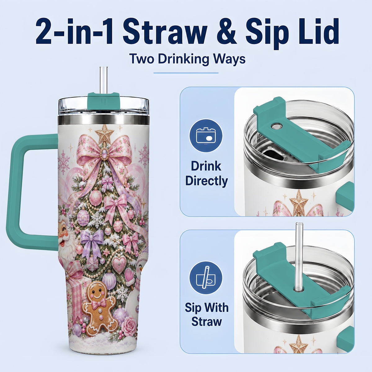 #pl[40oz|Green] Pink Christmas Tree 40oz Tumbler, Santa Snowman Gingerbread Design
