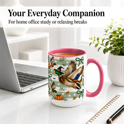 #pl[15oz|Pink] Halloween Mallard Duck Ceramic Mug, Witch Hat Pumpkin Artwork