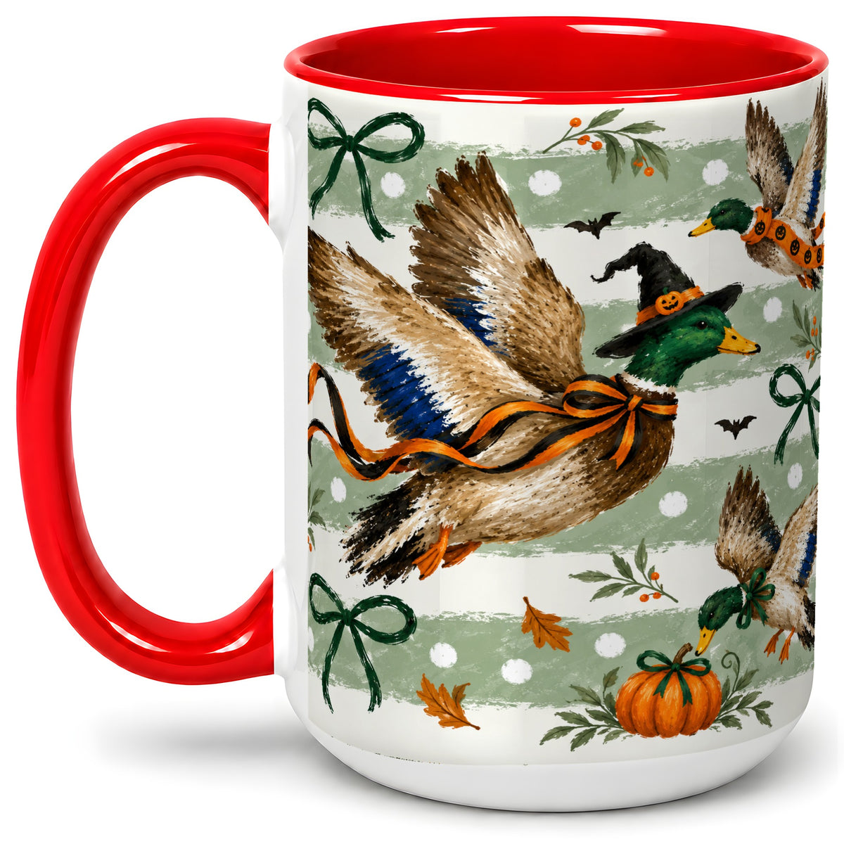 #pl[15oz|Red] Halloween Mallard Duck Ceramic Mug, Witch Hat Pumpkin Artwork