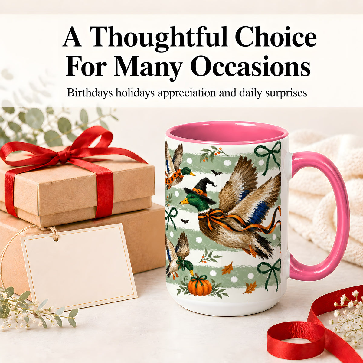 #pl[15oz|Pink] Halloween Mallard Duck Ceramic Mug, Witch Hat Pumpkin Artwork