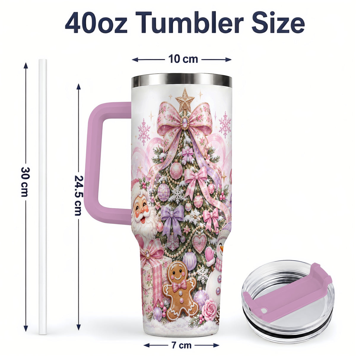 #pl[40oz|Pink] Pink Christmas Tree 40oz Tumbler, Santa Snowman Gingerbread Design