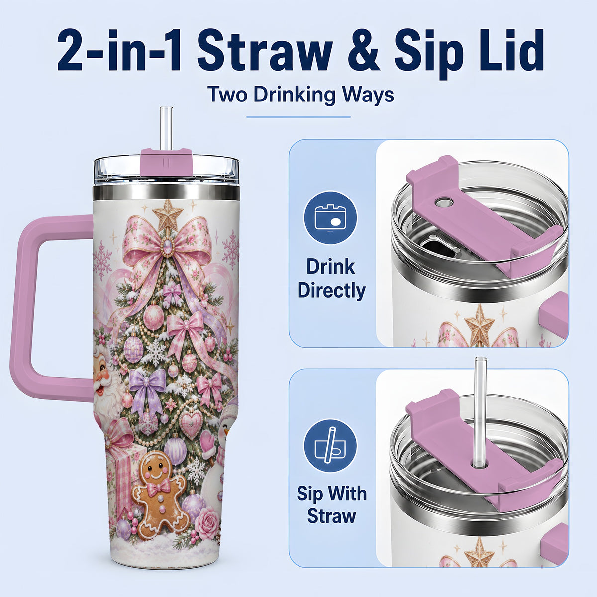 #pl[40oz|Pink] Pink Christmas Tree 40oz Tumbler, Santa Snowman Gingerbread Design