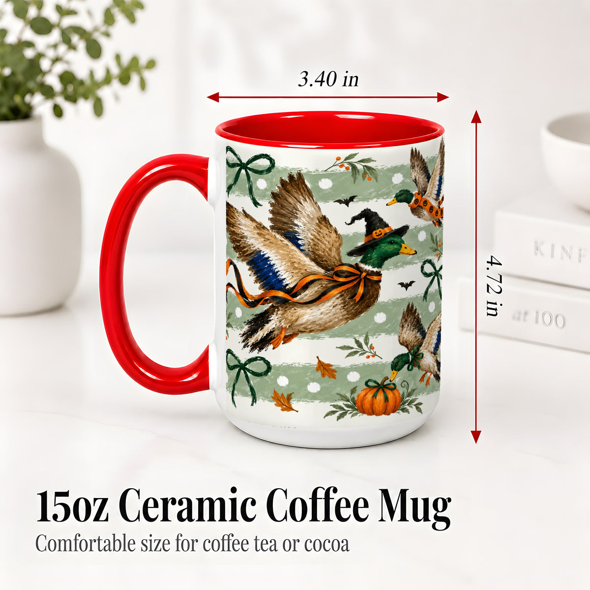 #pl[15oz|Red] Halloween Mallard Duck Ceramic Mug, Witch Hat Pumpkin Artwork