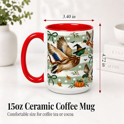 #pl[15oz|Red] Halloween Mallard Duck Ceramic Mug, Witch Hat Pumpkin Artwork