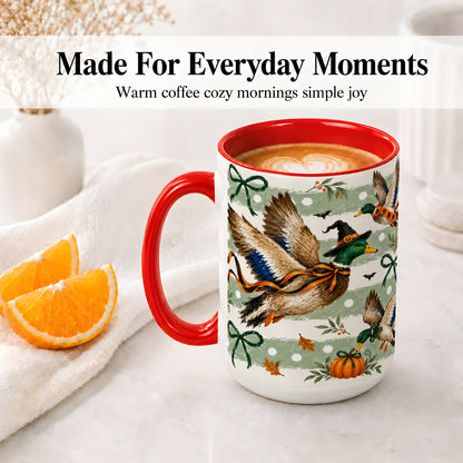 #pl[15oz|Red] Halloween Mallard Duck Ceramic Mug, Witch Hat Pumpkin Artwork