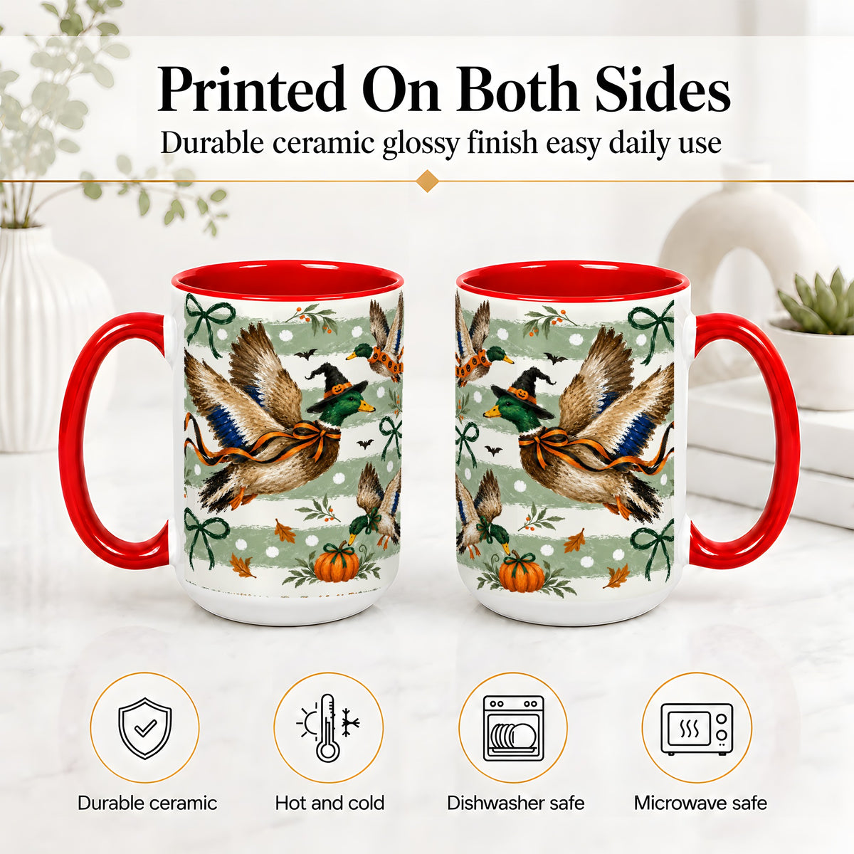#pl[15oz|Red] Halloween Mallard Duck Ceramic Mug, Witch Hat Pumpkin Artwork