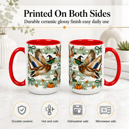 #pl[15oz|Red] Halloween Mallard Duck Ceramic Mug, Witch Hat Pumpkin Artwork