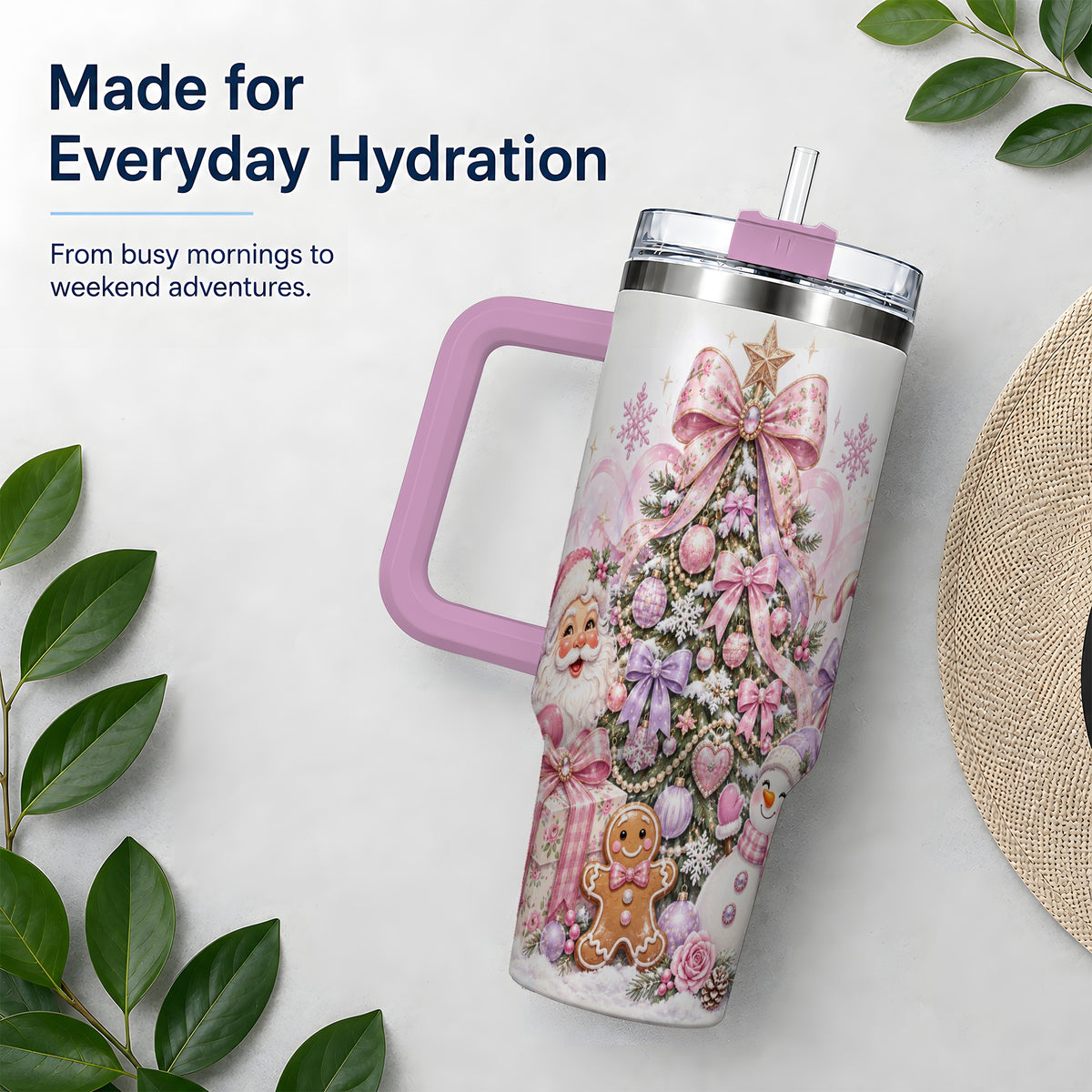 #pl[40oz|Pink] Pink Christmas Tree 40oz Tumbler, Santa Snowman Gingerbread Design