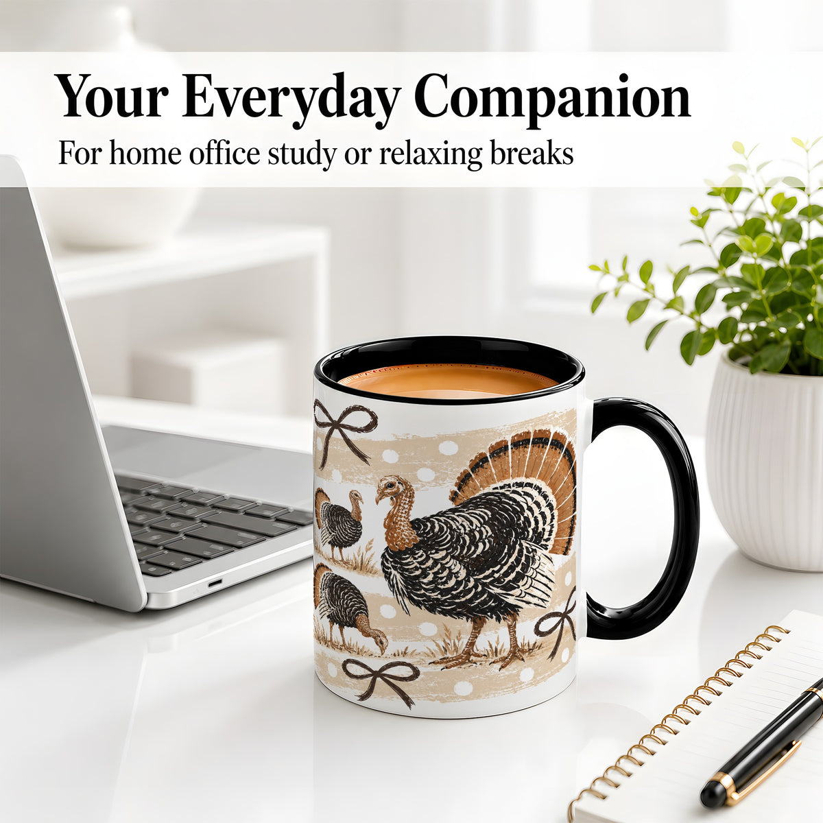 #pl[11oz|Black] Thanksgiving Turkey Ceramic Mug, Rustic Bow Autumn Farm Artwork