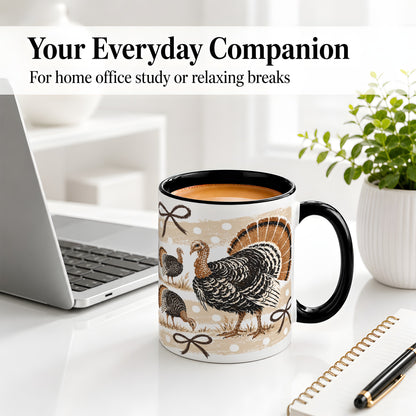 #pl[11oz|Black] Thanksgiving Turkey Ceramic Mug, Rustic Bow Autumn Farm Artwork