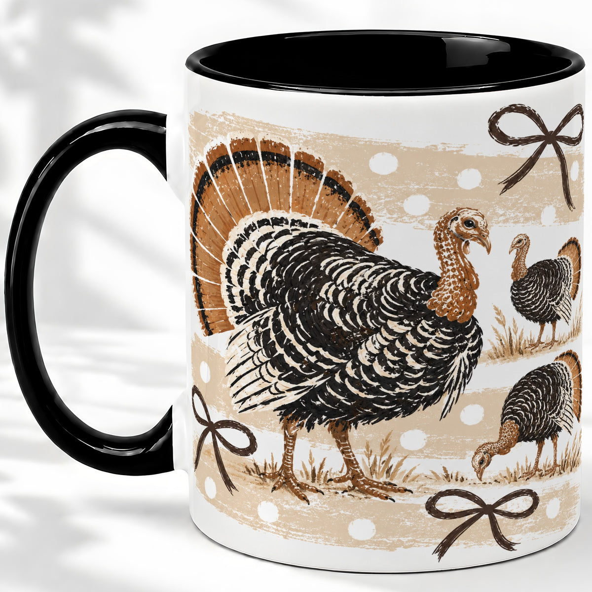 #pl[11oz|Black] Thanksgiving Turkey Ceramic Mug, Rustic Bow Autumn Farm Artwork
