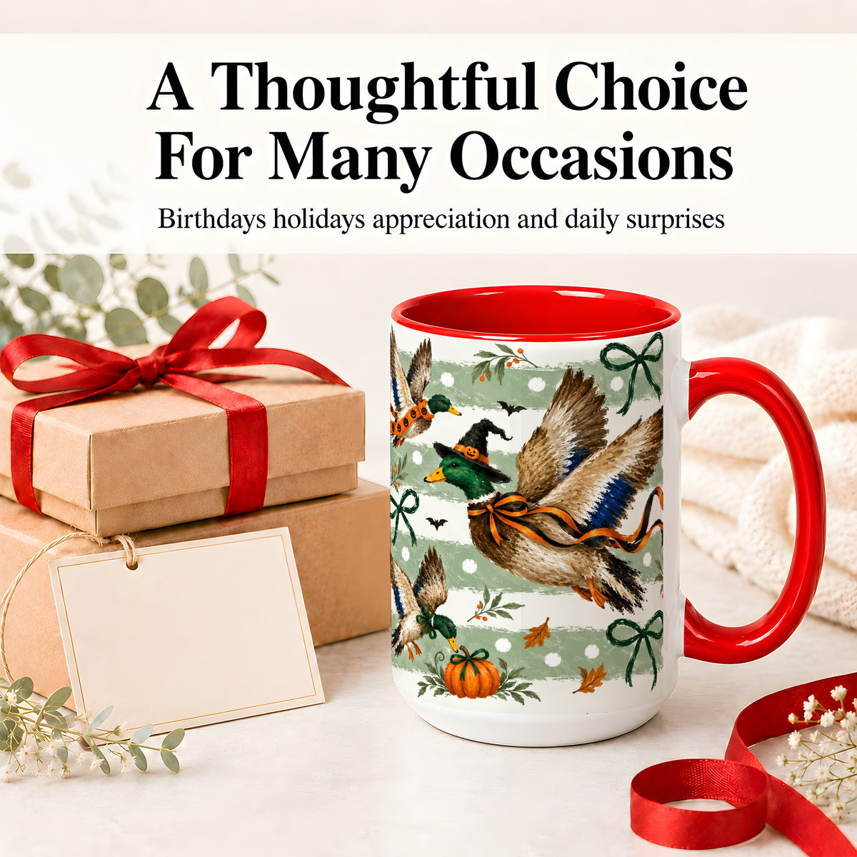 #pl[15oz|Red] Halloween Mallard Duck Ceramic Mug, Witch Hat Pumpkin Artwork