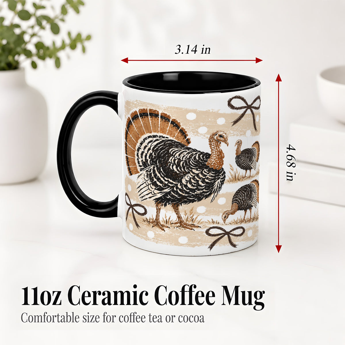 #pl[11oz|Black] Thanksgiving Turkey Ceramic Mug, Rustic Bow Autumn Farm Artwork