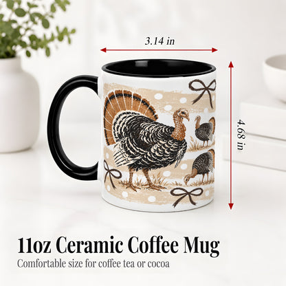 #pl[11oz|Black] Thanksgiving Turkey Ceramic Mug, Rustic Bow Autumn Farm Artwork