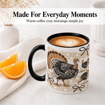 #pl[11oz|Black] Thanksgiving Turkey Ceramic Mug, Rustic Bow Autumn Farm Artwork