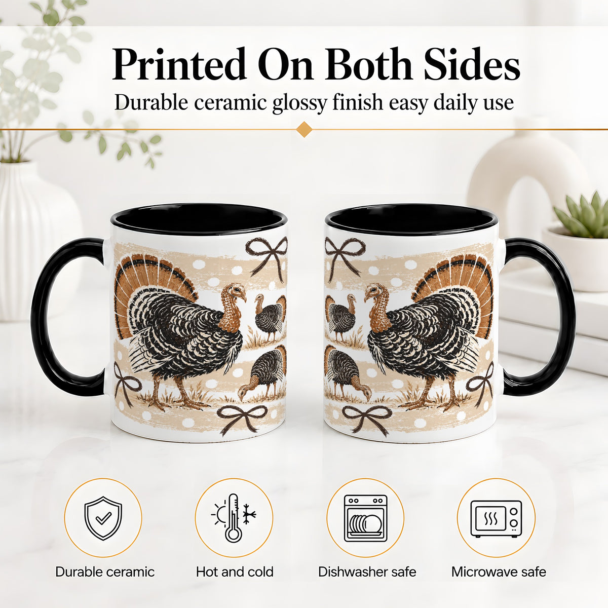 #pl[11oz|Black] Thanksgiving Turkey Ceramic Mug, Rustic Bow Autumn Farm Artwork