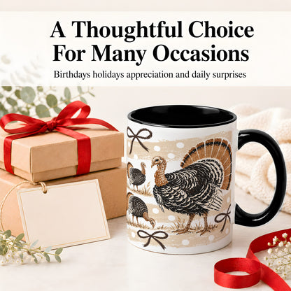 #pl[11oz|Black] Thanksgiving Turkey Ceramic Mug, Rustic Bow Autumn Farm Artwork