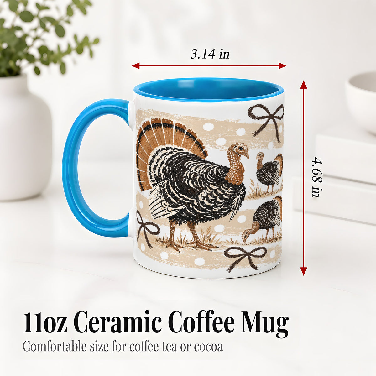 #pl[11oz|Blue] Thanksgiving Turkey Ceramic Mug, Rustic Bow Autumn Farm Artwork